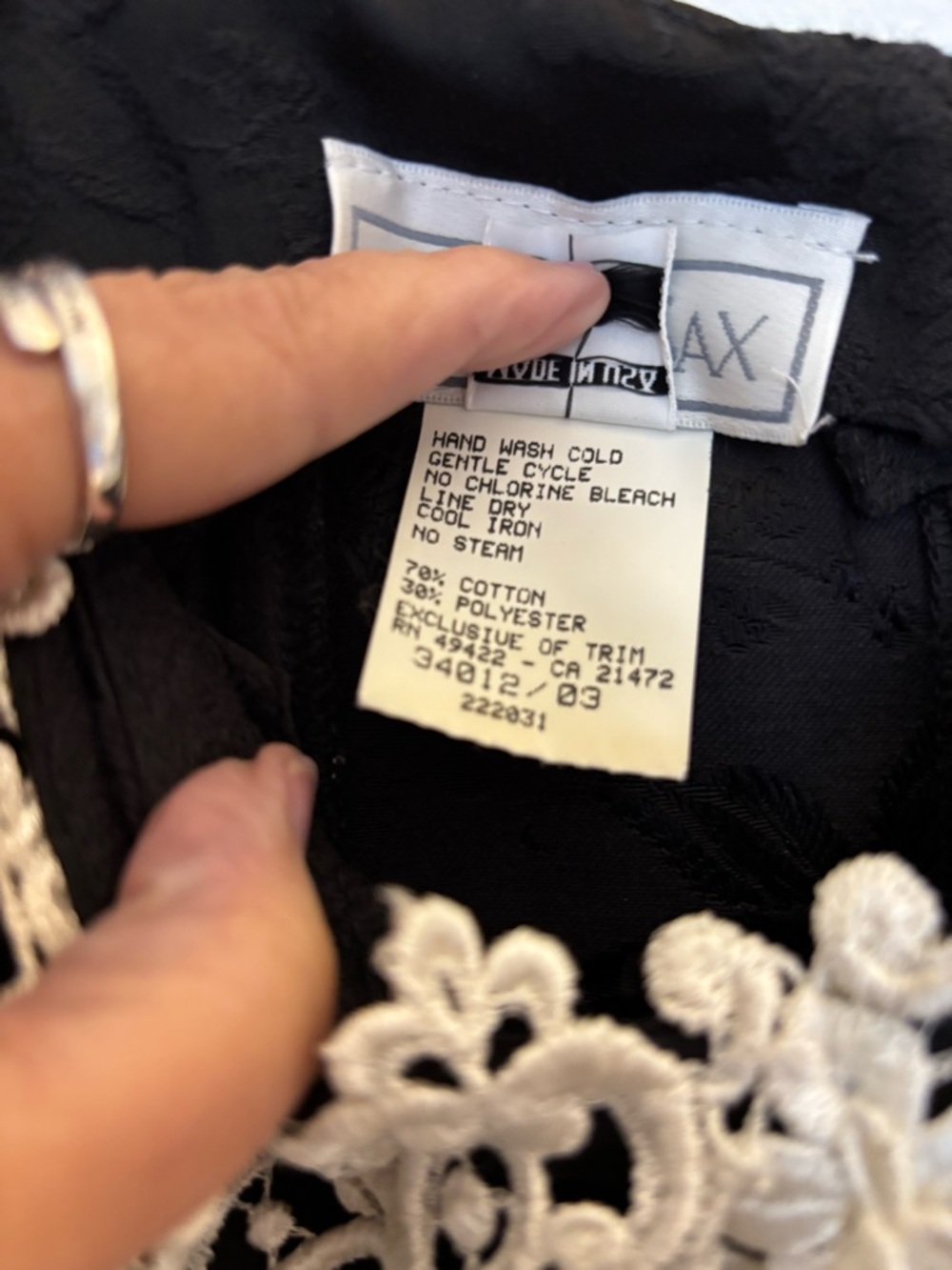 Vintage Gunne Sax Black Brocade Satin Mini Dress with White Floral Lace Accents - Picture 5 of 6